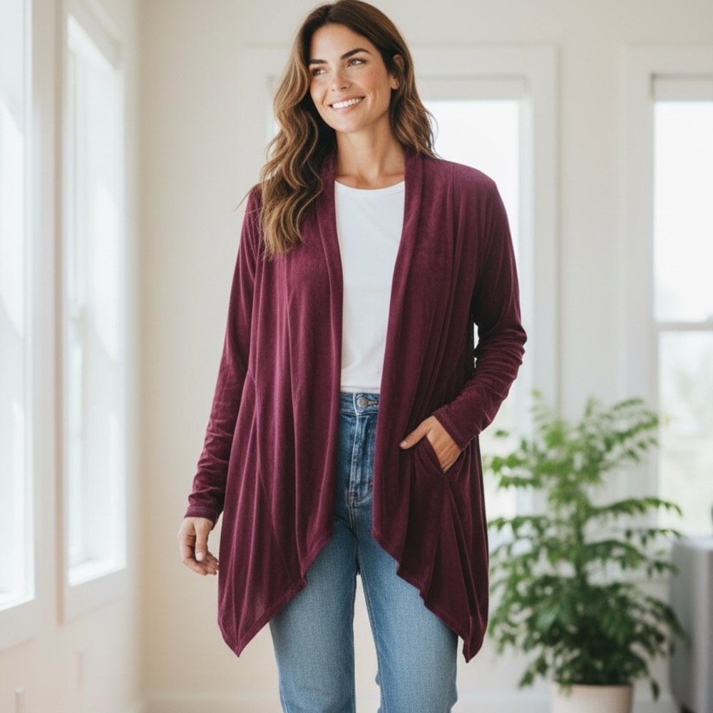 Jones Studio Women’s Maroon Open Draped Long Sleeve Cardigan Size 2X